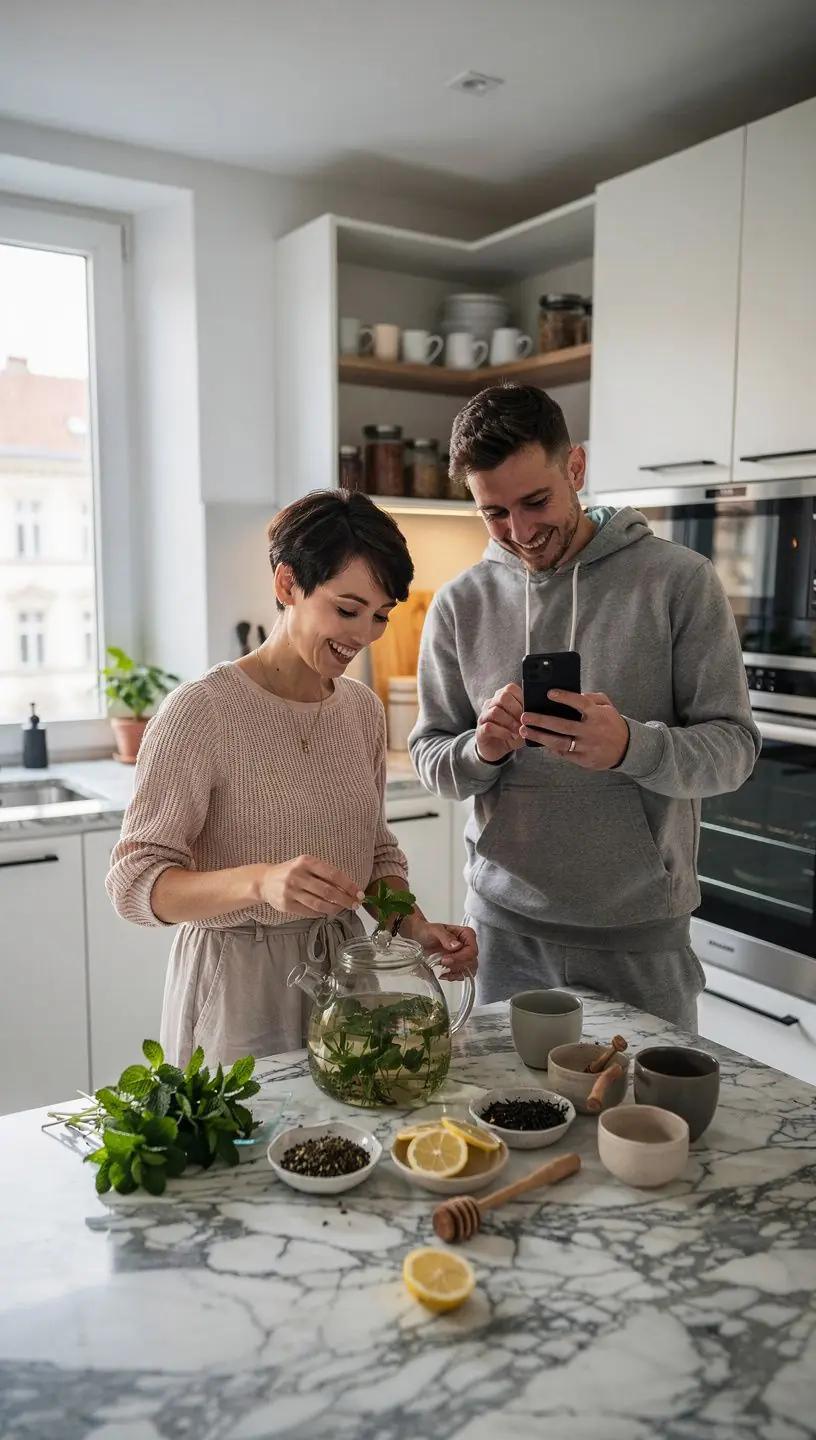 Egészséges ízületeket ábrázoló grafika egy teafőzés mellett, hangsúlyozva a hidratáció fontosságát